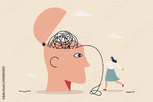 Anxiety and stress therapy, mental health treatment or psychology support, help relief anxiety or depression concept, therapist woman help eliminate chaos messy line from patient head.