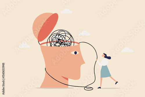 Anxiety and stress therapy, mental health treatment or psychology support, help relief anxiety or depression concept, therapist woman help eliminate chaos messy line from patient head.