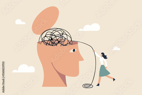 Anxiety and stress therapy, mental health treatment or psychology support, help relief anxiety or depression concept, therapist woman help eliminate chaos messy line from patient head.
