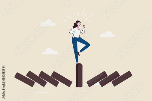 Mindfulness meditation relax to reduce stress and eliminate distraction, calm to build energy or spiritual wellness concept, success woman relax and meditating with yoga pose on standing domino.