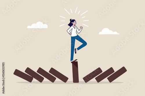 Mindfulness meditation relax to reduce stress and eliminate distraction, calm to build energy or spiritual wellness concept, success woman relax and meditating with yoga pose on standing domino.
