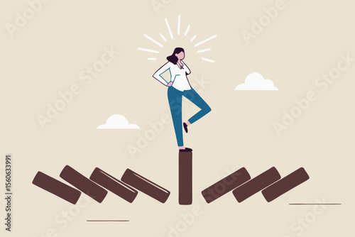 Mindfulness meditation relax to reduce stress and eliminate distraction, calm to build energy or spiritual wellness concept, success woman relax and meditating with yoga pose on standing domino.