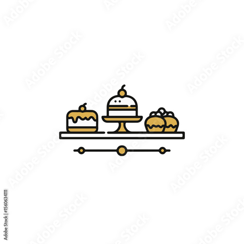 Elegant display of cakes and pastries on a decorative shelf.