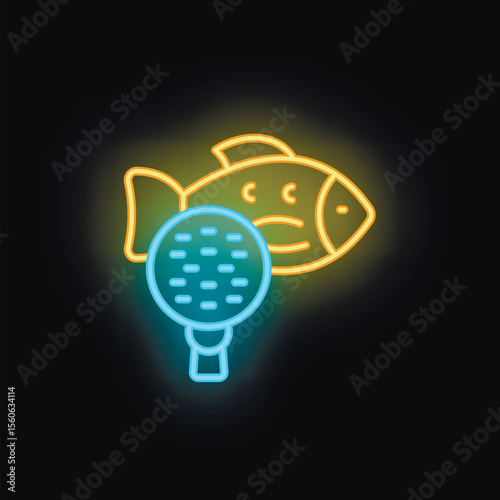 Neon sign illuminating a sad fish near a golf ball on a tee, perfect for showcasing a playful and quirky concept