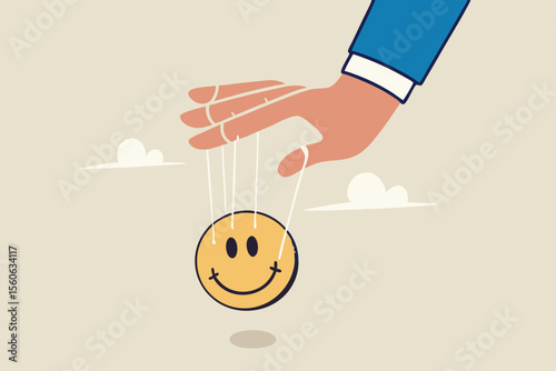 Control emotion or expression, emotional intelligence manage positive way to solve problem and conflict concept, businessman hand tied with string to control, manipulate smile face like puppet doll.