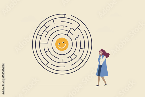 Finding happiness, positive thinking or emotion intelligence, solution to searching for happiness and optimism concept, frustrated woman find the way to happy smile in the middle of labyrinth puzzle.