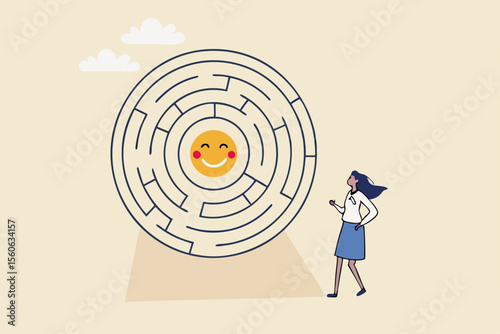 Finding happiness, positive thinking or emotion intelligence, solution to searching for happiness and optimism concept, frustrated woman find the way to happy smile in the middle of labyrinth puzzle.