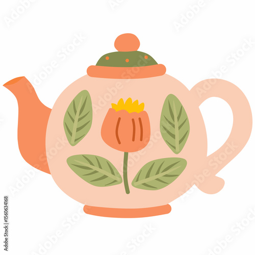Flat vector teapot with floral and green leaf motif, giving off natural and botanical charm. Great for home decor and organic-themed illustrations.