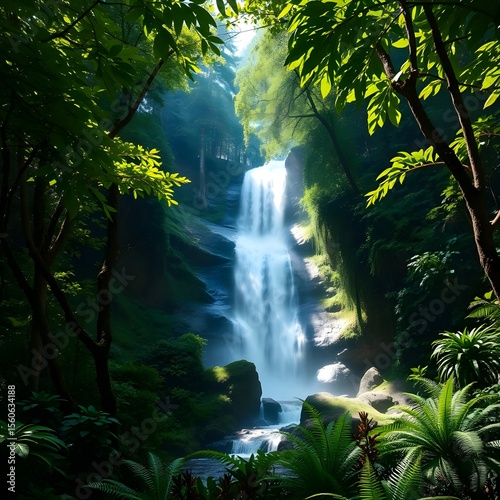 It depicts a quiet, lush forest with a beautiful waterfall.