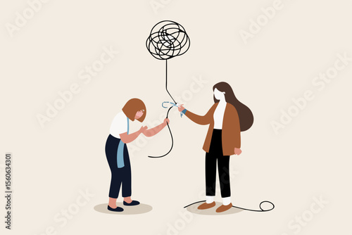 Reduce anxiety or stress, psychotherapy to cure mental health problem or depression, relaxation or relief to cure overworked concept, psychologist using scissors to cut chaos messy balloon on patient.
