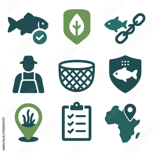 Sustainable Fishing Icons. Flat icon set of sustainable roe sourcing: certified fish icon, eco label, traceability chain, fisher