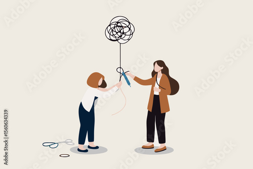 Reduce anxiety or stress, psychotherapy to cure mental health problem or depression, relaxation or relief to cure overworked concept, psychologist using scissors to cut chaos messy balloon on patient.