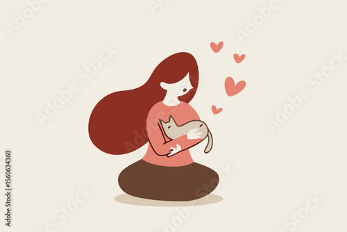 Pet Therapy give emotional support, companionship, friendship, reduce stress and loneliness, heal depression and anxiety, positive mental health, happy woman hold her beloved cat comforting emotion.