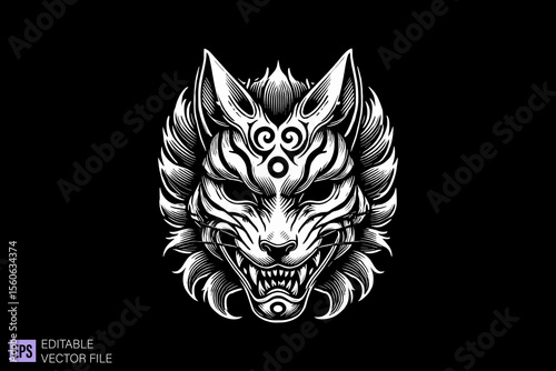 oni mask dark art scary creepy illustration engraving style tattoo vector black and white background templates