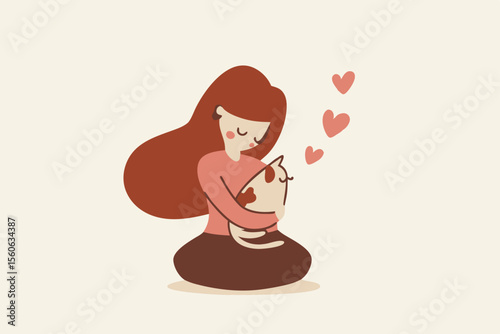 Pet Therapy give emotional support, companionship, friendship, reduce stress and loneliness, heal depression and anxiety, positive mental health, happy woman hold her beloved cat comforting emotion.