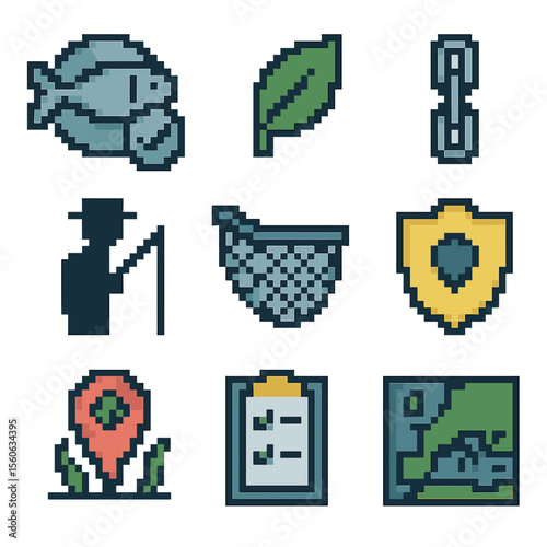 Sustainable Fishing Icons. Pixel art icon set of sustainable roe sourcing: certified fish icon, eco label, traceability chain,