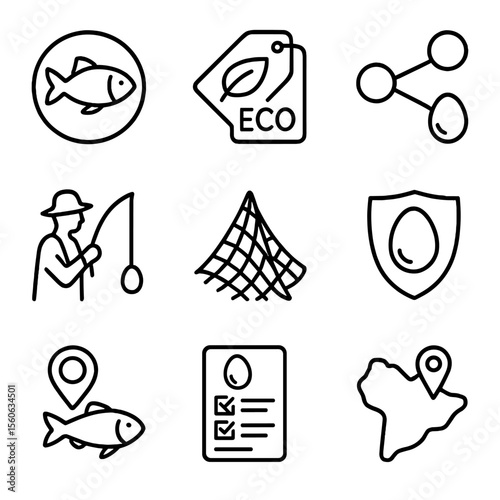 Sustainable Roe Sourcing Icons. Outline icon set of sustainable roe sourcing: certified fish icon, eco label, traceability chain,