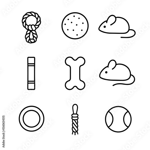 Sustainable Pet Toy Icons. Outline icon set of sustainable pet toys: hemp rope toy, cork ball, recycled fabric mouse, bamboo chew