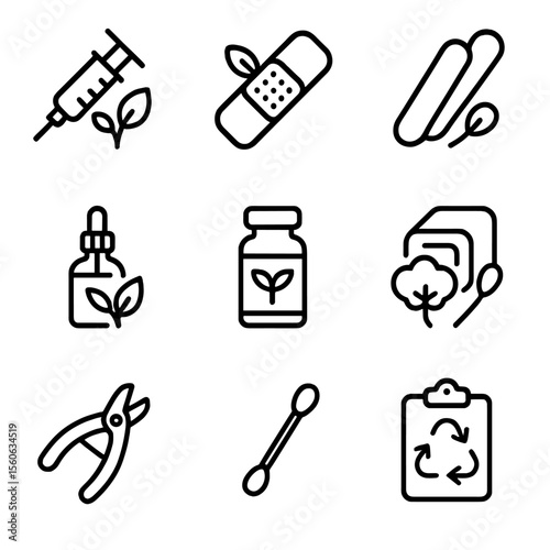 Sustainable Veterinary Icons. Outline icon set of sustainable veterinary care: biodegradable syringe, organic bandage, wooden