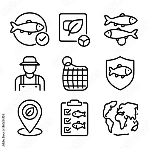Sustainable Roe Sourcing Icons. Outline icon set of sustainable roe sourcing: certified fish icon, eco label, traceability chain,