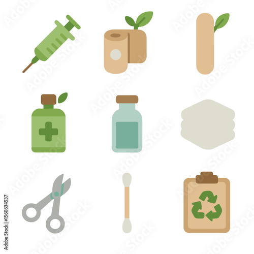 Sustainable Veterinary Care Icons. Flat icon set of sustainable veterinary care: biodegradable syringe, organic bandage, wooden