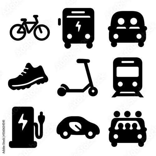 Sustainable Transport Icons. Solid, filled icon set of sustainable transportation: bicycle, electric bus, ride share, walking