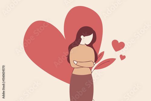 Self care is take care of yourself and wellbeing, enjoy exercise, sleep and hobbies, help you stay healthy, balance life, and better cope with stress and anxiety, happy woman hug herself with hearts.