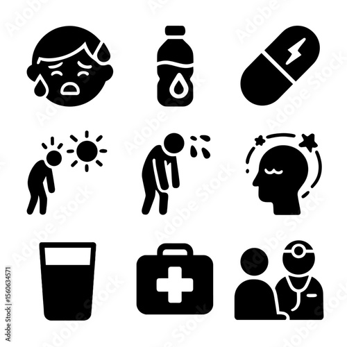 Sweat Health Icons. Solid, filled icon set of sweat-related health signs: flushed face, dehydration icon, electrolyte pill,