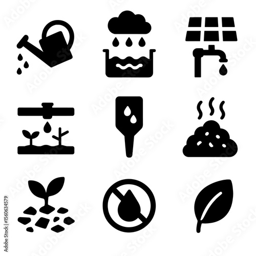 Sustainable Watering Icons. Solid, filled icon set of sustainable watering practices: watering can, rainwater collection, solar
