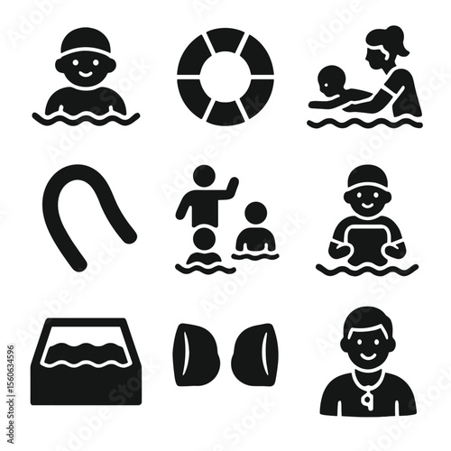 Swimming Lessons Icons. Solid, filled icon set of swimming lessons for kids: child swimmer, float ring, swimming instructor, pool