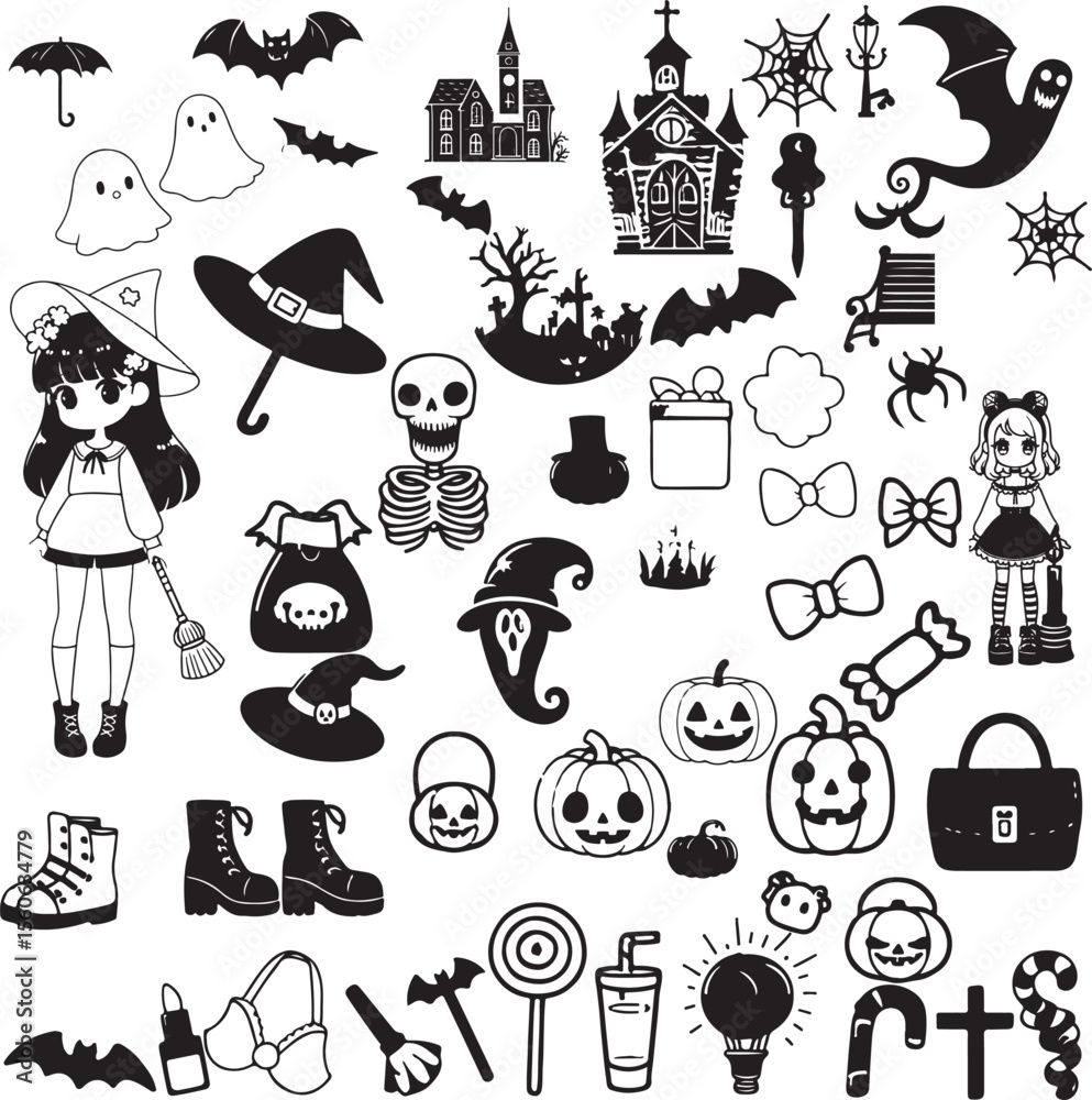 Fototapeta premium Kawaii Halloween Vector Clipart Bundle -Cute Gothic Elements