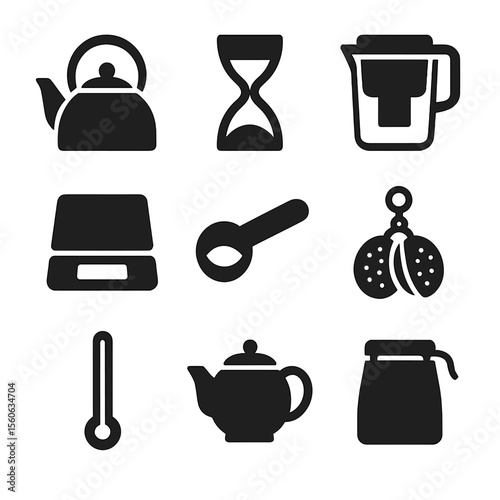 Tea Tools Icons. Solid, filled icon set of tea brewing tools: kettle, tea timer, water filter, digital scale, scoop, infuser ball,