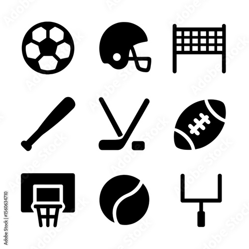 Team Sports Icons. Solid, filled icon set of team sports: soccer ball, football helmet, volleyball net, baseball bat, hockey stick