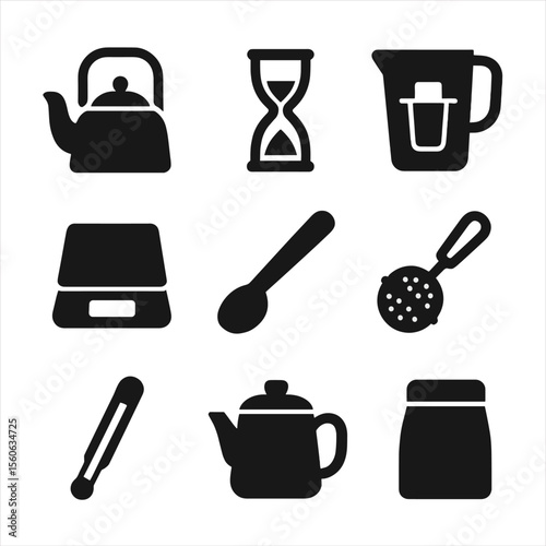 Tea Tools Icons. Solid, filled icon set of tea brewing tools: kettle, tea timer, water filter, digital scale, scoop, infuser ball,