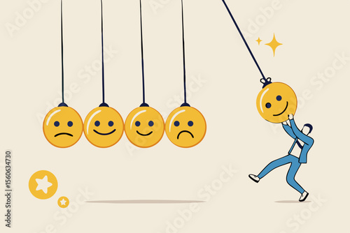 Optimistic, happiness or positive thinking inspire other people happy, emotional intelligence or balance between happiness and sadness, man holding smile face pendulum ball to hit other sad faces.