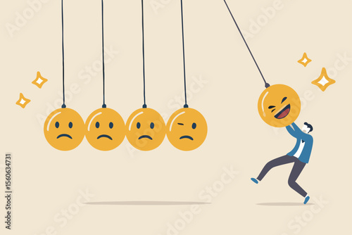 Optimistic, happiness or positive thinking inspire other people happy, emotional intelligence or balance between happiness and sadness, man holding smile face pendulum ball to hit other sad faces.