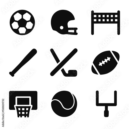 Team Sports Icons. Solid, filled icon set of team sports: soccer ball, football helmet, volleyball net, baseball bat, hockey stick