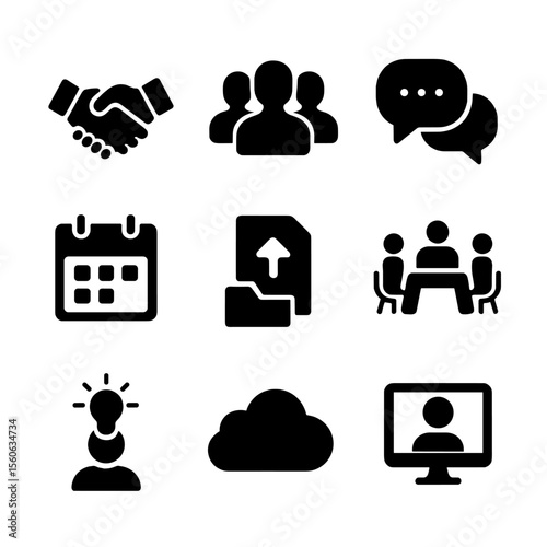 Teamwork Icon Set. Solid, filled icon set of collaboration and teamwork: handshake, group, chat bubbles, calendar, file sharing,
