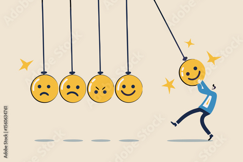 Optimistic, happiness or positive thinking inspire other people happy, emotional intelligence or balance between happiness and sadness, man holding smile face pendulum ball to hit other sad faces.