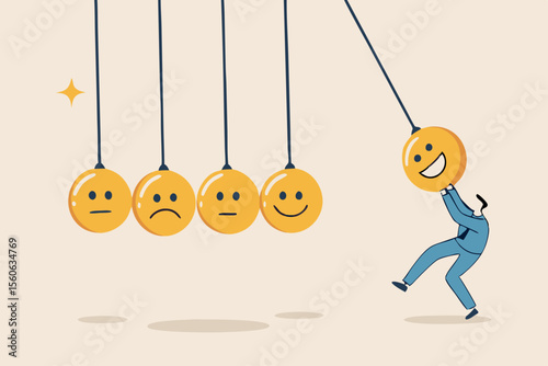 Optimistic, happiness or positive thinking inspire other people happy, emotional intelligence or balance between happiness and sadness, man holding smile face pendulum ball to hit other sad faces.