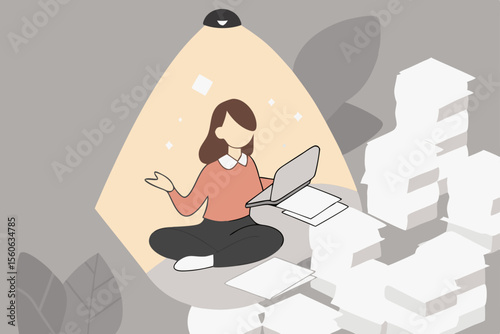 Stress Management effectively control anxiety for happier, healthier, productive, balance life and work, resilience under pressure and challenge, relaxed woman meditate at office to reduce stress