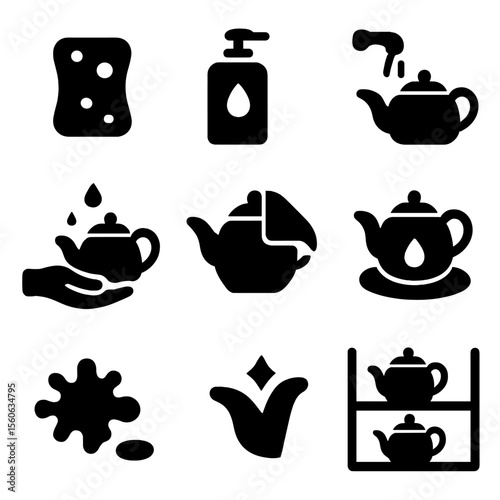 Teapot Care Icons. Solid, filled icon set of teapot care and cleaning: sponge, dish soap, rinsing stream, hand washing, drying
