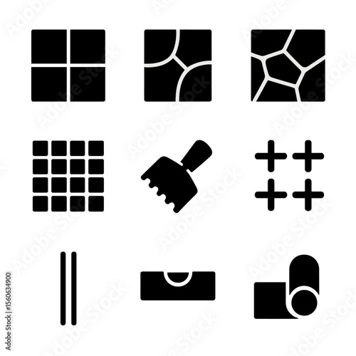 Tile Icons Grid. Solid, filled icon set of tiled floor elements: ceramic tile, porcelain tile, stone tile, mosaic tile, tile