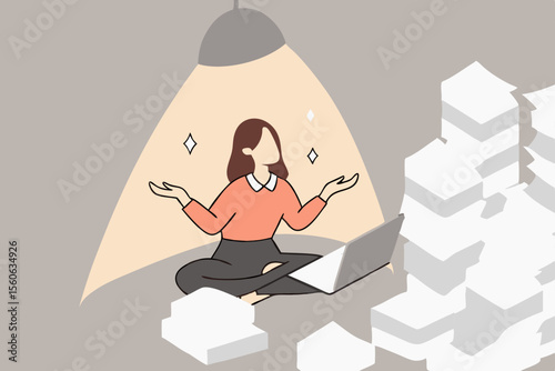 Stress Management effectively control anxiety for happier, healthier, productive, balance life and work, resilience under pressure and challenge, relaxed woman meditate at office to reduce stress