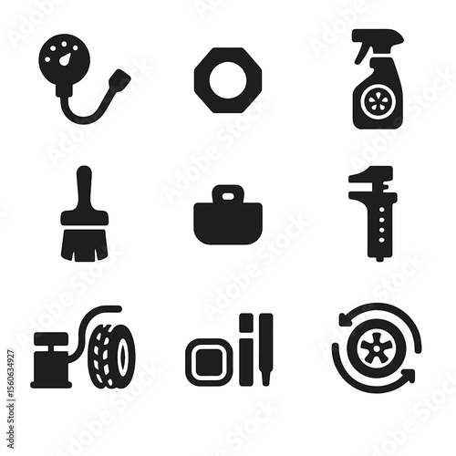 Tire Care Icons. Solid, filled icon set of tire and wheel care: tire pressure gauge, lug nut, rim cleaner, wheel brush, balancing