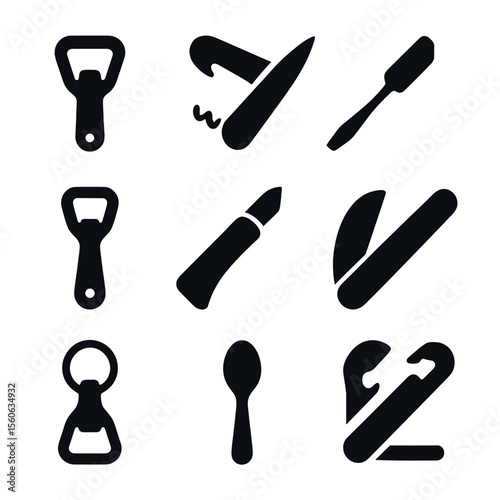 Tool Icon Grid. Solid, Filled icon set of opening tools: church key opener, Swiss army tool, flat-head screwdriver, bottle opener,