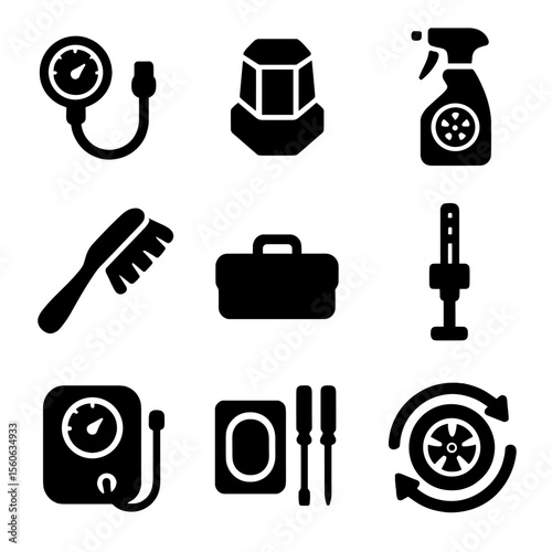 Tire Care Icons. Solid, filled icon set of tire and wheel care: tire pressure gauge, lug nut, rim cleaner, wheel brush, balancing