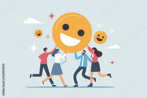 Employee satisfaction, workplace happiness or success team motivation, employee engagement or participation, feedback or company survey rating concept, business people employee with smile happy face.