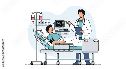 Doctor Examining Patient in Hospital Bed Monitoring Health Vital Signs During Medical Care