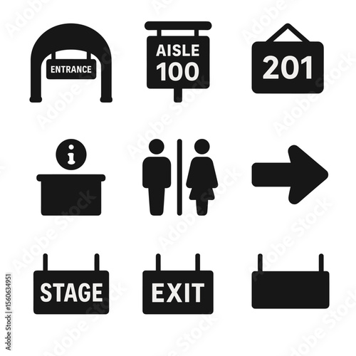 Trade Show Icons. Solid, filled icon set of trade show signage and directions: entrance arch, aisle marker, booth number sign,